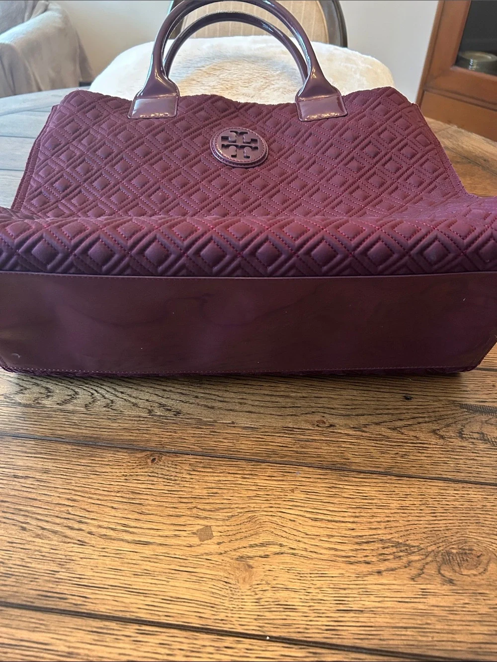 Tory Burch Marion Quilted Tote in Wine with Patent Handles like new